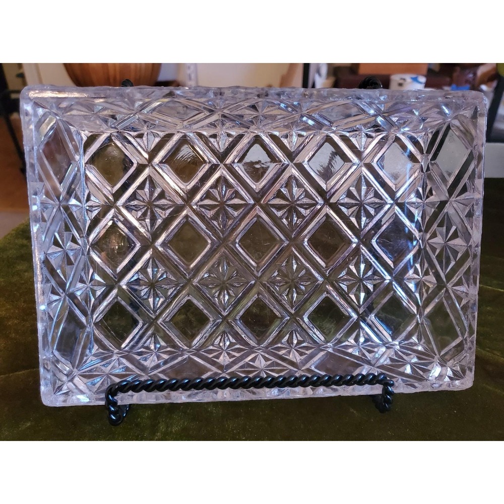 Vintage Diamond Cut Glass Dresser‎ Tray Jewelry Trinket Vanity Display